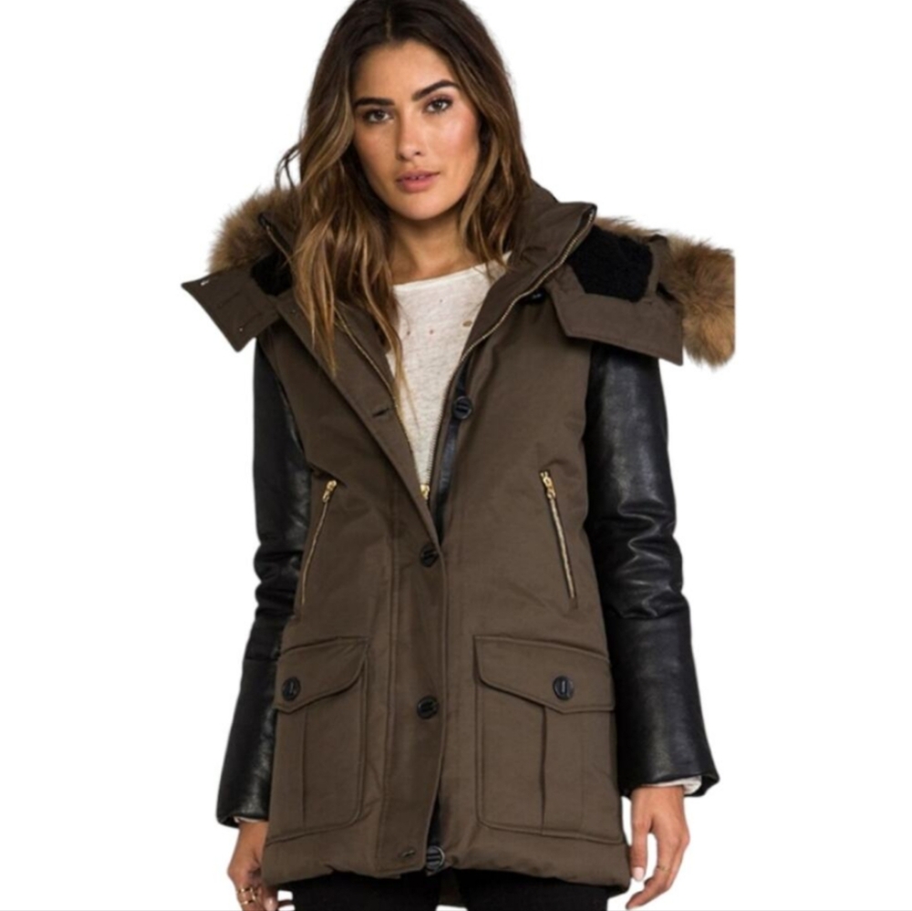Mackage X Revolve Cynthia Moss Green Fur Trim Leather Sleeve Hooded Utility Coat